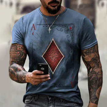 Street Moda Carti de Joc Grilaj Pătrat 3D T-Shirt pentru Bărbați de Mari Dimensiuni Casual Scurte Pulover Pierde T-Shirt