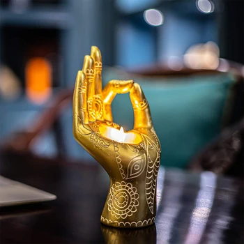 Suport lumanare, Buddha i-Hand de Rășină în Formă de Sfeșnic Desktop Decor Decorative Artware pentru Acasă Magazine, Bronz/Auriu