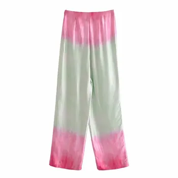 TRAF Pantaloni Pentru Femei Za Colorant Cravată Talie Mare Largi Picior Femeie Pantaloni de Vară 2021 Folie de Satin Streetwear Casual Pantaloni Largi Seturi