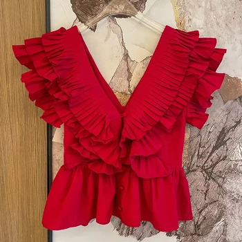 TWOTWINSTYLE Epocă Mozaic Zburli Tricou Pentru Femei V-Neck Maneca Scurta Bluza Eleganta de Moda de sex Feminin Haine Noi 2021 Stil