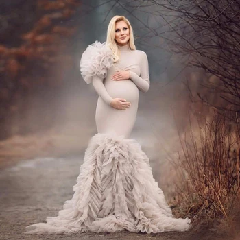 Unic De Înaltă Gât Mâneci Tul Rochii De Maternitate Pentru Fotografie Volane Luxuriante Flori Pregnanty Femei Rochii Etaj Lungime