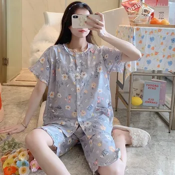 Vara din Bumbac Pijama Seturi Pentru Femei Maneci Scurte Topuri+pantaloni Scurți femeii Sleepwear Imprimare Respirabil Homewear