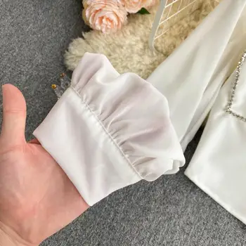 Vara Femeile Pullshirt Retro Sifon Industria de Diamante Slim Scurt Bluza Mâneci Lungi Puf Pad Piept Bottom Tricou