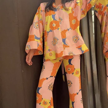 Vintage Femei Roz Vrac Flori Shirt Suit 2021 Primăvară Vinatge De Sex Feminin Imprimare Seturi Casual Ladies Supradimensionate Set De Plajă