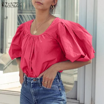 ZANZEA Moda Bluza Femei 2021 Vara Blaturi Solide Office Lady Puff Maneca Blusa Liber Casual Plisate O-Gât Pulover Supradimensionat