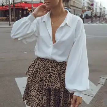 ZANZEA Moda Femei Bluza 2021 Primăvară Birou Doamnă Tricou Casual Solid Puff Sleeve Top Femei Rever Guler Blusa Femme