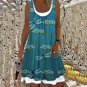 платье летнее Rochie de Vara Femei Rochii Elegante de Moda Casual, Imprimare fără Mâneci Gât Rotund Despicare Halat Femme Vestidos