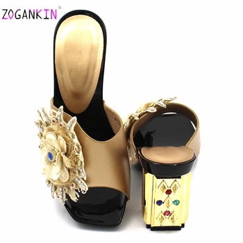 2020 Nou Design Destul de Femeile Pantofi cu Applques în Aur de Culoare Nigerian Doamnelor Sandale Papuci de casă cu Cristal pentru Nunta