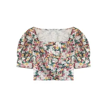 2021 Epocă Puf Slevee Floral Bluza de Vara Pătrat Guler Femei Scurt Designer Topuri Casual de Primavara o Scurtă franceză Tricou