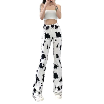 2021 Femei de Înaltă Talie Pantaloni Flare, Trendy de Imprimare de Vacă cu Nervuri Tricota Elastic Pantaloni Lungi