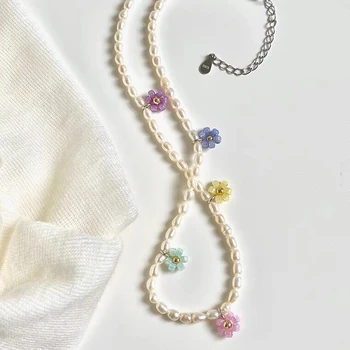 2021 Noi Coreea Dulce Flori Colorate Perle Clavicula Lanț Manual Cravată Colier pentru Femei Fete Vacanta Estetice Bijuterii