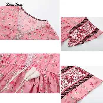 2021 Scurta de Vara Femei Flare Sleeve Floral Roz Rochie Midi Talie Elastic Halat Elegant pentru Femei Boho Vacanță pe Plajă, Îmbrăcăminte