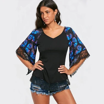 2021 Vara Tricouri Femei Bluze Casual pentru Femei de Moda Fluture de Imprimare Plasă de Trompeta Jumătate Sleeve V-neck Bluza Boho Topuri de sex Feminin