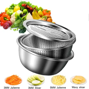 3Pcs/Set Multifuncțional de Bucătărie, Tăietor de Legume Cu 3 IN 1 din Otel Inoxidabil de Scurgere Bazin Razatoare Pentru Legume Salată de Fructe