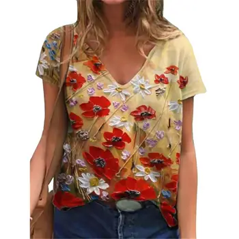 3XL Supradimensionate Doamnelor Topuri Femei Plus Dimensiune Florale 3D de Imprimare Tricou Vrac V-Neck Maneca Scurta Casual Tee Top de Vara Noi Streetwear