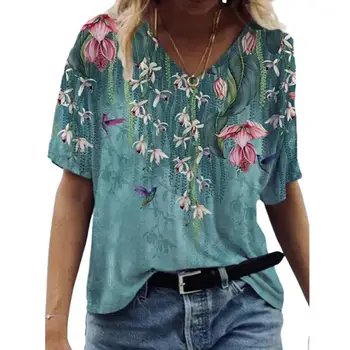 5XL Femei Supradimensionat Tricou de Vara Short Sleeve V-Neck Casual Streetwear Topuri Plus Dimensiune 4XL 5XL Doamnelor 3D Florale Imprimate Tee 2021
