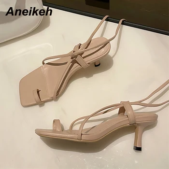 Aneikeh Vara Sandale Pantofi de Moda Pentru Femei 2021 PU Petrecere Pinch degetul Sandalias Solide quare end Cross-Legat de Curea Glezna Alb