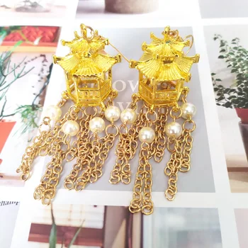 Aur Antic Chinez Pavilion Perle Lanț Ciucuri pentru Femei Picătură Cercei