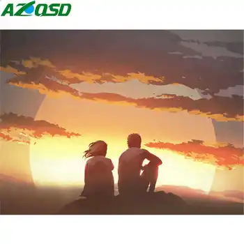 AZQSD Pictură în Ulei De Numere de Cuplu Vopsea De Numere Apus de soare Peisaj de Decor Acasă Cadou Arta de Perete Mână Kit de Vopsea Panza
