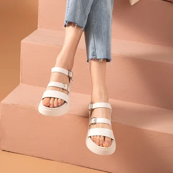 BeauToday Indesata Sandale Femei Din Piele Sintetica Platforma Apartamente Cataramă Curele Concis Doamnelor Pantofi Handmade 38160