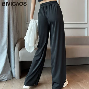 BIVIGAOS Vara Noi de Gheață de Mătase Largi Picior Pantaloni Femei Stil coreean Câmp Liber de Înaltă Talie Elastic Subțire Direct Pantaloni Casual