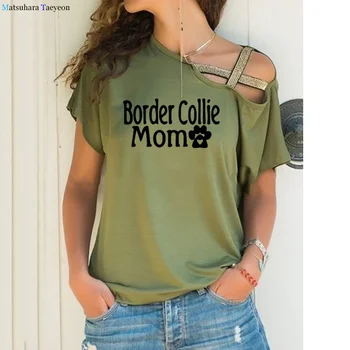 Border Collie Iubitor de Câine Laba de Imprimare Bumbac Tricou Neregulate umăr Cadou Negru tricouri Femei Topuri de Vara