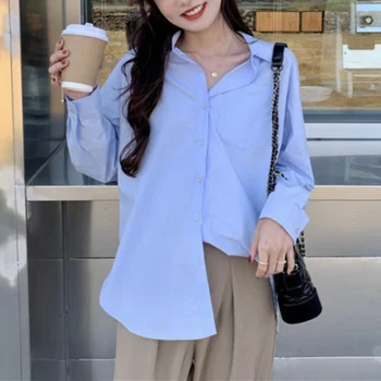 Bumbac Tricou Alb Femei Bluze Cu Maneca Lunga Tricou Coreean Nasturii Split Topuri Femeie Vintage De Toamna Tricouri Blusas Mujer De Moda