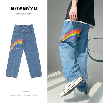 Bărbați Curcubeu Tipărite Blugi 2021 Femeie de Moda Casual Supradimensionat Denim Pantaloni largi coreean Streetwear de sex Masculin Blugi pentru barbati