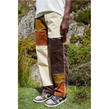 Bărbați Straight Blugi Pantaloni De Moda De Epocă Uzate Mozaic De Bloc De Culoare Denim Pantaloni Barbati Casual Pantaloni Rupt Fundul