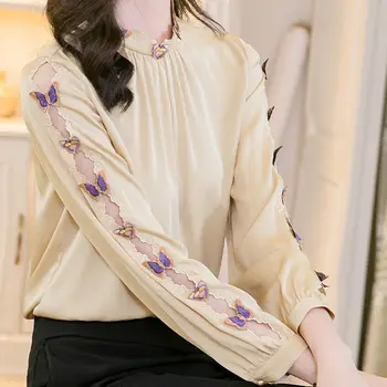 Caise grele imitație de mătase cămașă femei 2021 primăvară noua moda in aer liber de calitate broderie cu mâneci lungi de top satin