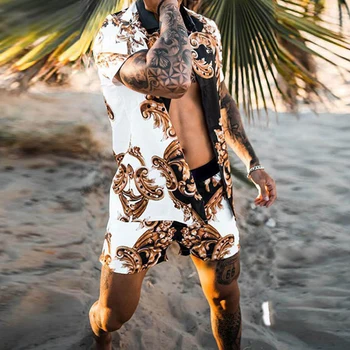 Casual Beachwear Barbati Două Seturi De Piese De Vară 2021 Vintage Florale De Imprimare De Costume De Mens De Moda Nasturii Rever Tricouri Și Pantaloni Scurți, Costume
