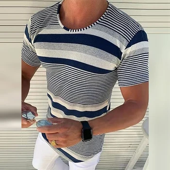 Casual, Cu Dungi De Imprimare Bărbați Sudoare T-Shirt 2021 Primăvară Maneci Scurte Pulover De Topuri De Vara De Sex Masculin Vrac Gât Rotund Tricou Streetwear