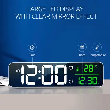 Ceas Digital de Alarmă pentru Dormitor,Ceas cu Alarmă cu USB Data si Temp LED Display Oglinda Alarmă Ceas pentru Noptiera Birou