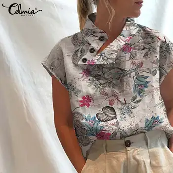 Celmia Vintage Print Floral Bluze De Vară 2021 Femei Bluza Din Bumbac Cu Guler Casual Butoane De Moda Topuri Camasi Cu Maneca Scurta