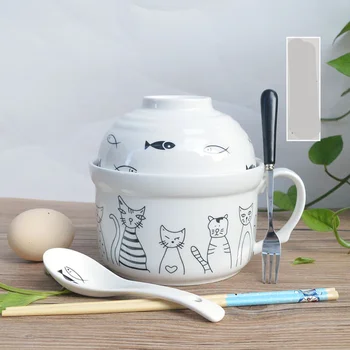 Ceramica Instant Noodle Bowl stil Japonez de Mare Drăguț Castron de Portelan Desene animate Acoperite Tacamuri Cămin Studențesc cu o Singură