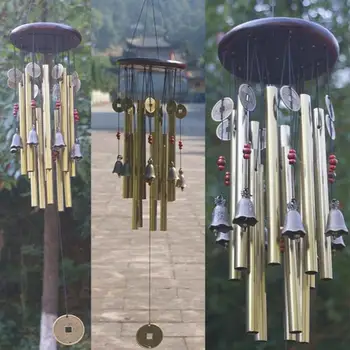 Chineză Tradițională Vânt Chime 6 Conducte de 5 Clopote de Bronz și Windchime Bază de Lemn pentru Terasă în aer liber, Grădină și Decor Acasă