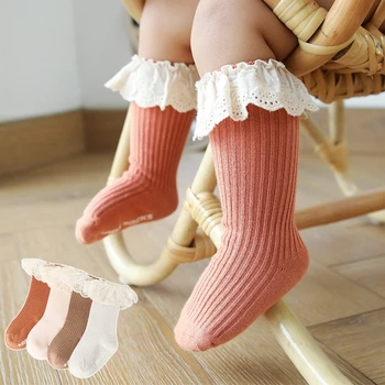 Copil copil Copil Fete Genunchi Șosete Mari cu Mânere Ciufulit Dantela cu Nervuri Tricot de Culoare Solidă Non-Skid Bumbac Lung Ciorapi 0-3Y