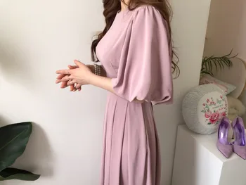 Coreeană Solid Casual Chic Eleganta pentru Femei Rochie de Vară 2021 Vestido de Înaltă talie Curele Felinar mâneci Cutat Rochie Lunga