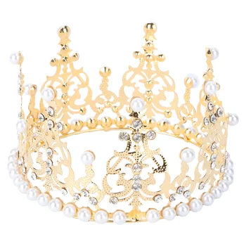 Coroana Tort Fân Decorarea cu Strasuri si Perle Stil Vintage Royal Central Bentita Coroana pentru Petrecerea de Nunta(de Aur