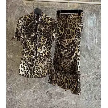 Cosmicchic Femei Seturi 2021 Primăvară-Vară Mătase De Imprimare Leopard Costum Scurt Puff Maneca Papion Camasa Plisata Înfășurat În Coadă De Pește Fusta