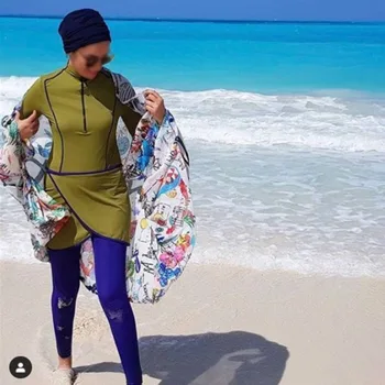 Costume De Baie Musulman Femeile Islamice Burkini Modest Mâneci Lungi Cu Fermoar Mozaic Sport Costume De Baie 3 Piese Set Cu Sutien Umplutură 2021