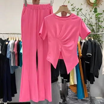 Culoare solidă de Vară Casual de Vara Noi-coreean Scurt Maneca tricou + Pantaloni Largi Picior Imbracaminte Femei Două Seturi de Piese