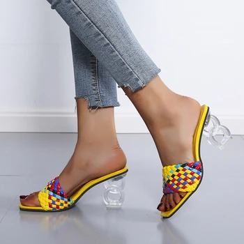 De lux Slide-uri de Femei 7cm Tocuri inalte Catâri Fetish Pompe Individuale Țese Agrement Albastru Birou Doamnelor Bal Papuci de Femei Pantofi