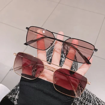 DECI&EI Retro Cadru Metalic Dublu Poduri Dreptunghi ochelari de Soare Femei de Moda, Verde, Galben Pătrat Ochelari de Soare Nuante UV400 Bărbați