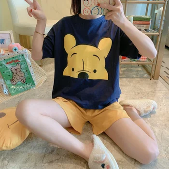 Disney Anime Winnie the Pooh Femei Kawaii Pijamale de Vara Set Pijama Alb Albastru cu Maneci Scurte de sex Feminin Pijama Acasă Purta pantaloni Scurți