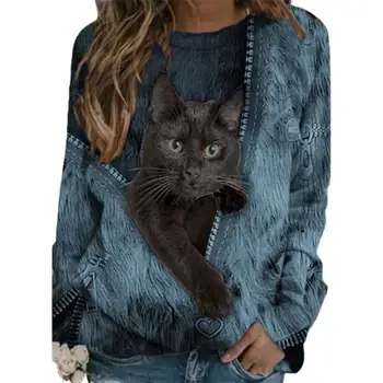 Drăguț Pisici Negre Cu Fermoar Imprimare Femei T Shirt Crewneck Casual Cu Maneci Lungi Femei Tee Plus Dimensiunea Vrac Estetice Pulover Topuri 2021