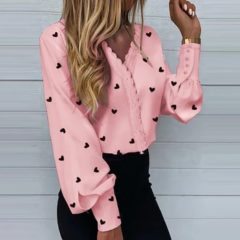 Elegant Inima Print Office Lady Shirt Bluza 2021 Moda Casual Zburli Vara Tricou Femei Sexy V-Neck Lace Top Blusa Streetwear