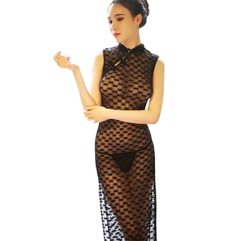 Elegante Femei Cămăși de noapte Sexy Sleepwear Epocă Cheongsam fără Mâneci Rochie de Noapte de Sex Lenjerie Vedea prin Dormit Rochie Neagră