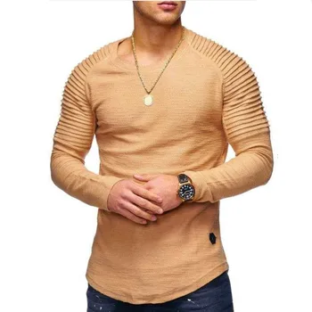 Europa, America de Moda de Îmbrăcăminte pentru Bărbați Monocrom Mâneci Detaliu Plisat cu Mâneci Lungi T-shirt Harajuku Vara Casual Slim Teuri Topuri