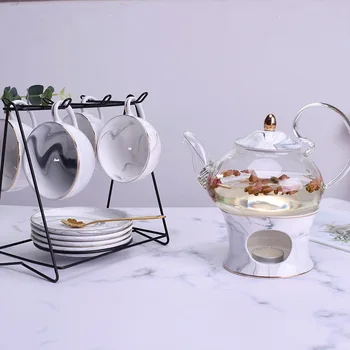 Europa De Nord-Stil Marmorat Sticlă Ceramică Floare Ceainic Set Rezistente La Căldură, De Uz Casnic Transparent Încălzire După-Amiază Camellia